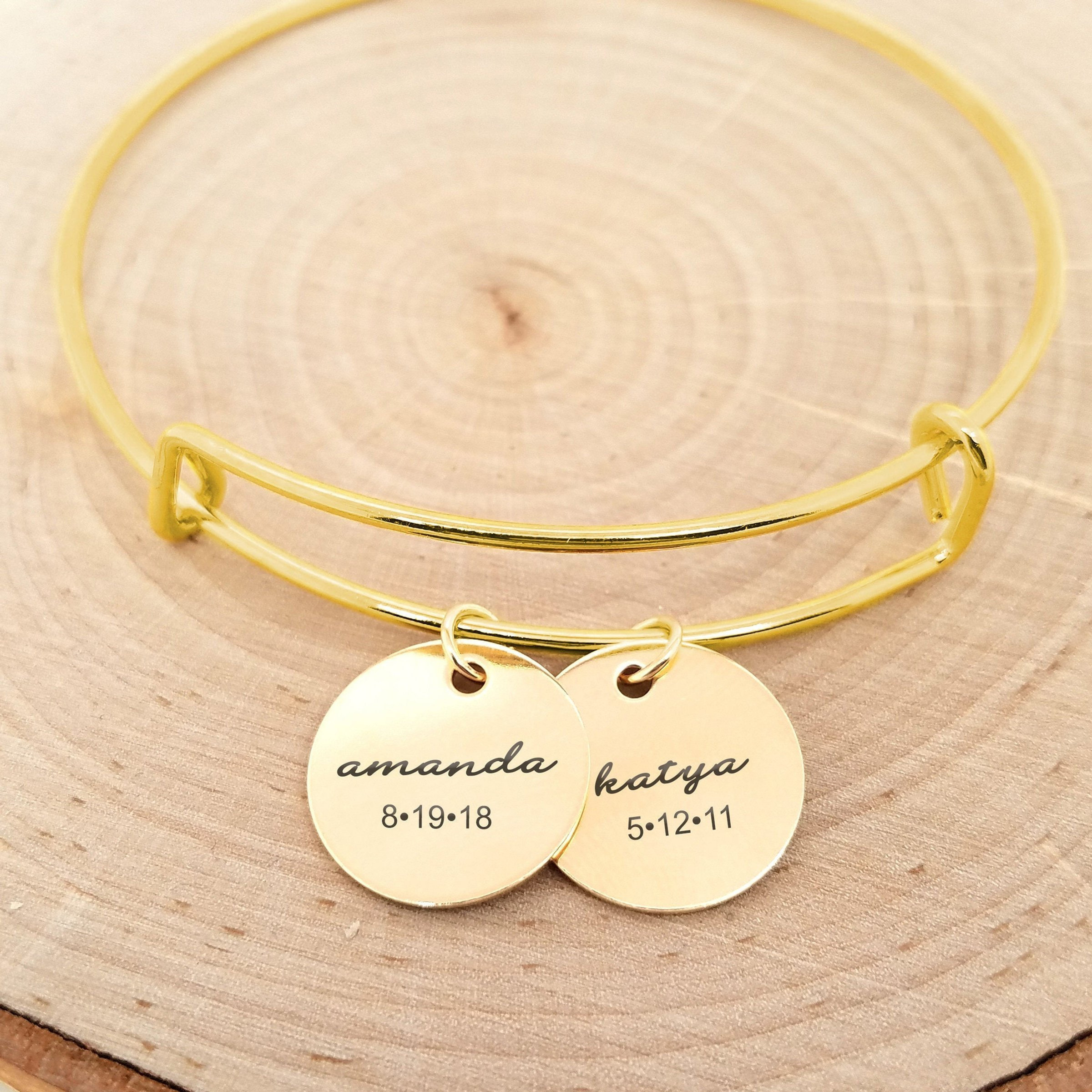 Personalized Gold Bangle - Kids Name & Date Bracelet