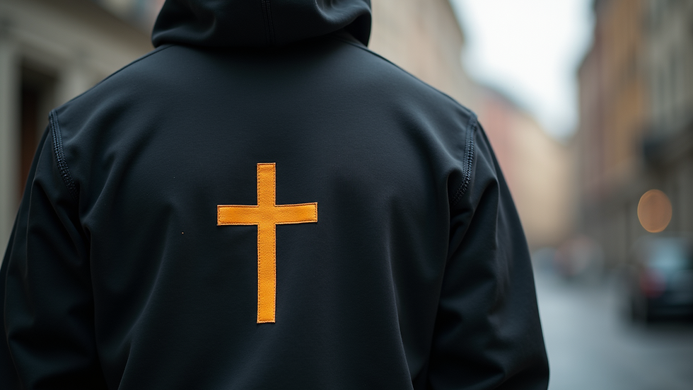 Eye-level view of a streetwear hoodie with a bold Christian cross design