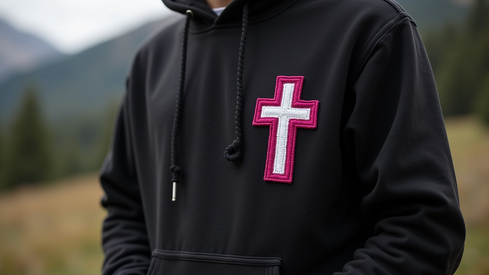 Close-up of a hoodie with a subtle Christian symbol embroidered