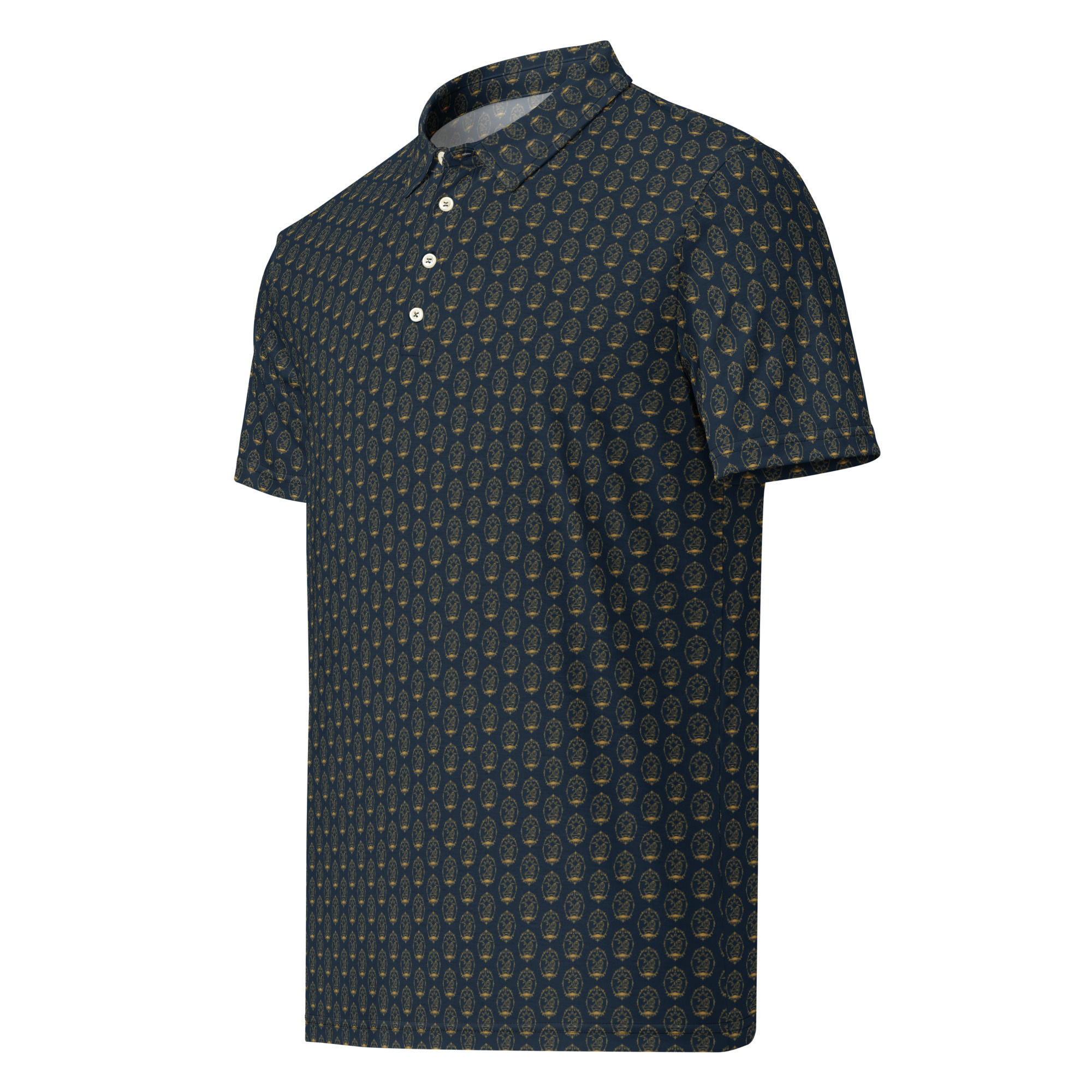 Dark patterned polo shirt, Celeste Crèche Men’s slim fit polo, side view, solid background.