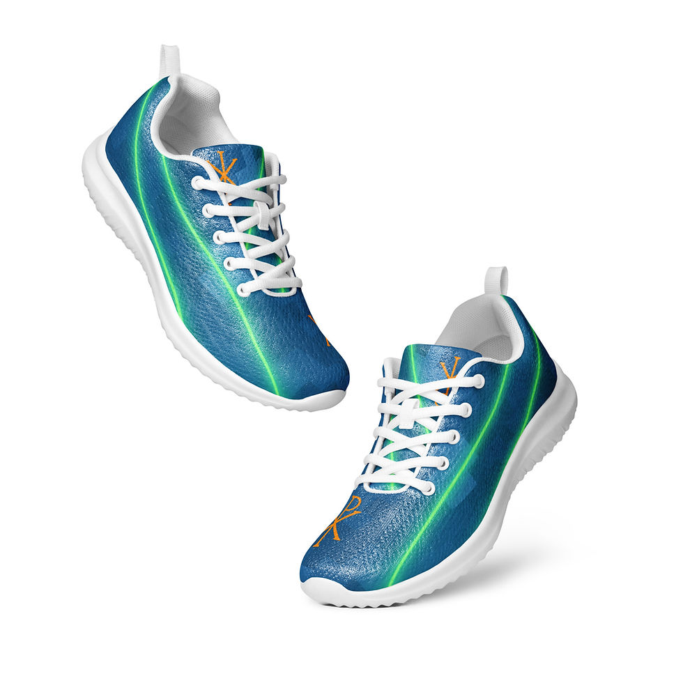 Thumbnail: Blue athletic shoes v2 Px River Camo x Chi Rho with white laces, 3FoldLoveCo