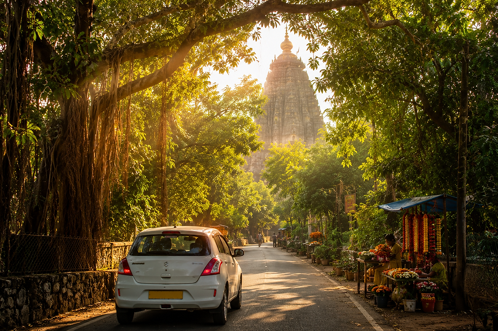 A white hatchback cab on a narrow picturesque road through dense green forest approaching 