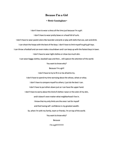 Text from poem because I'm a girl by Bonnie Cunningham