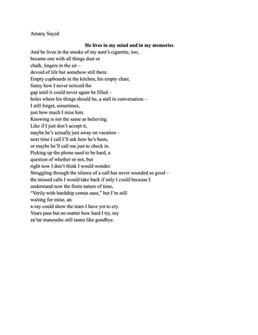 Poem on white paper by Anthony Seyed. He lives in my mind in my memories.
