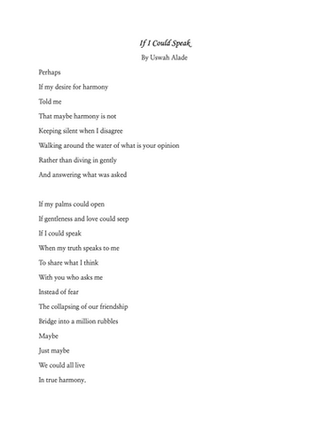 Poem titled "If I Could Speak" by Unwah Alade about harmony and friendship.