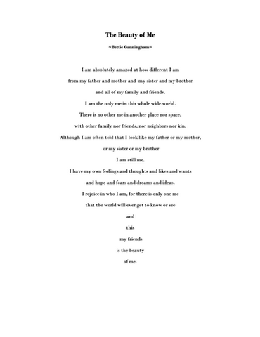 Text from poem: The Beauty of Me, by Kevin Cunningham, on white paper. dhlibrary.org