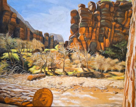 Contemporary impressionist painting of red cliffs, cottonwoods, and Virgin River in Zion National Park in March by Alyson Miller