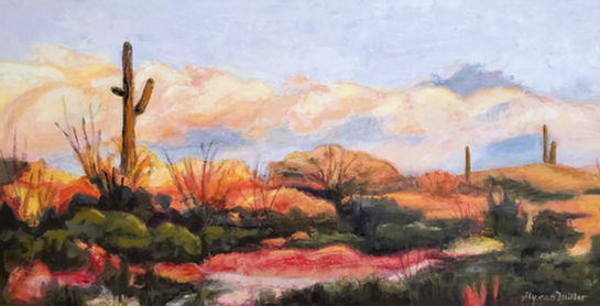 Contemporary impressionist painting of saguaros and desert scrub in warm orange light of an autumn sunset by Alyson Miller