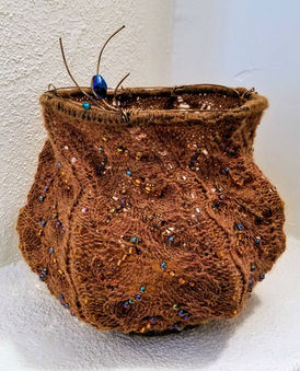 Unique free-form Fiber Vessel made from beaded knitting & crochet in earthy brown, amber & blue by Alyson Miller