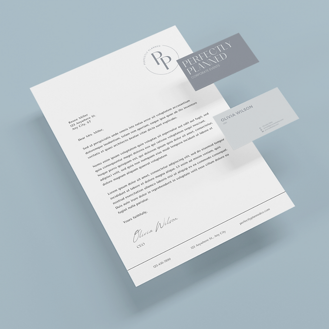 image of letter head and two business cards for the company perfectly planned