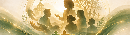 Golden community landscape representing leadership connection, collective learning, and shared growth
