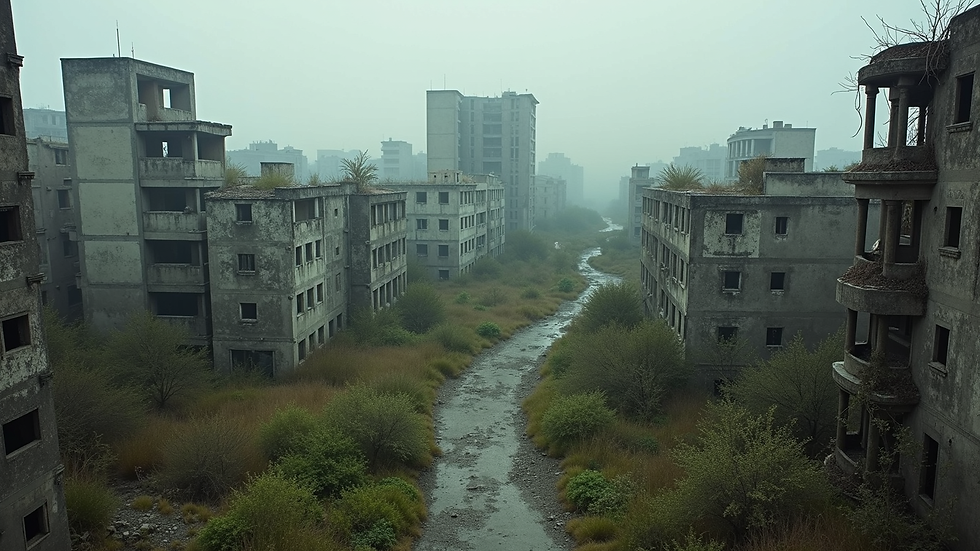 High angle view of a desolate cityscape with ruined buildings and overgrown vegetation