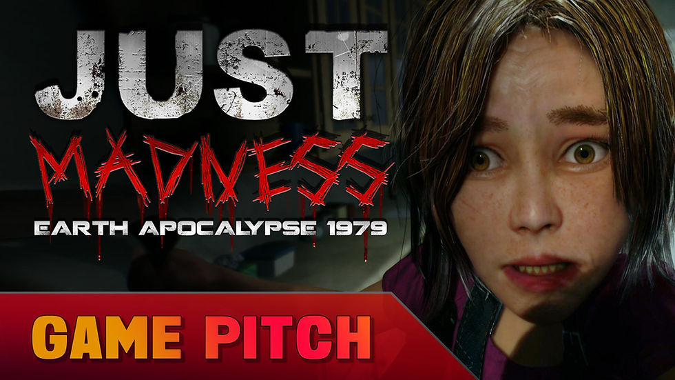 Marketing thumbnail for Just Madness: Earth Apocalypse 1979 showing a terrified female character and a game pitch badge.
