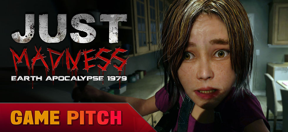 Marketing thumbnail for the survival horror game Just Madness: Earth Apocalypse 1979 featuring a close-up of a terrified female character under dramatic lighting. In the upper left corner, the official logo displays stylized, textured lettering in gray and red tones with dripping blood. In the bottom left, a prominent red horizontal badge reads game pitch in bold yellow letters, serving as a high-converting static commercial asset directly integrated into the studio ecosystem and the investor page.
