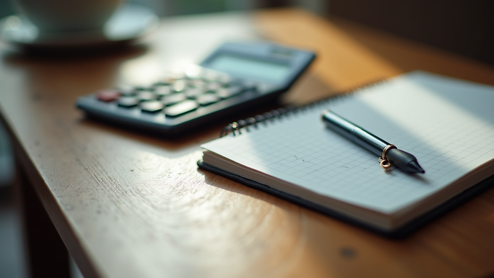 High angle view of a calculator and a notepad on a wooden table