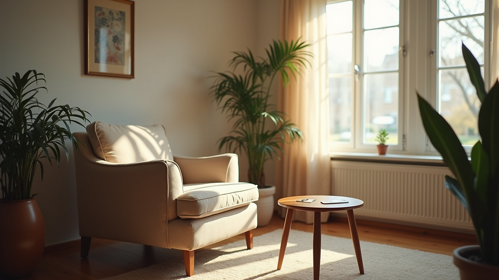 Eye-level view of a cozy living room with a comfortable armchair and soft lighting