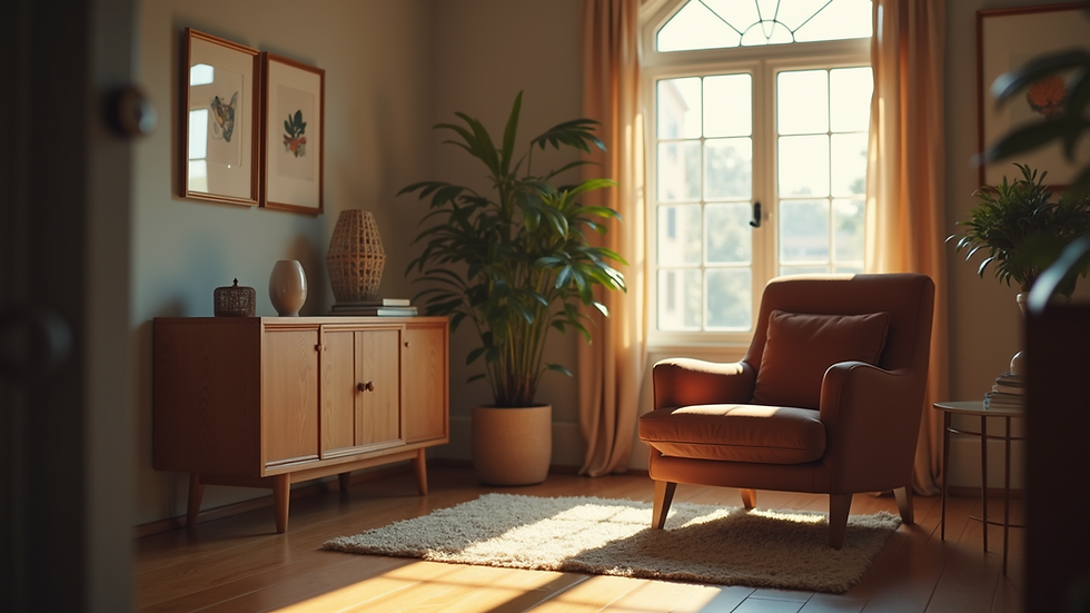 Eye-level view of a cozy living room with a comfortable armchair and soft lighting