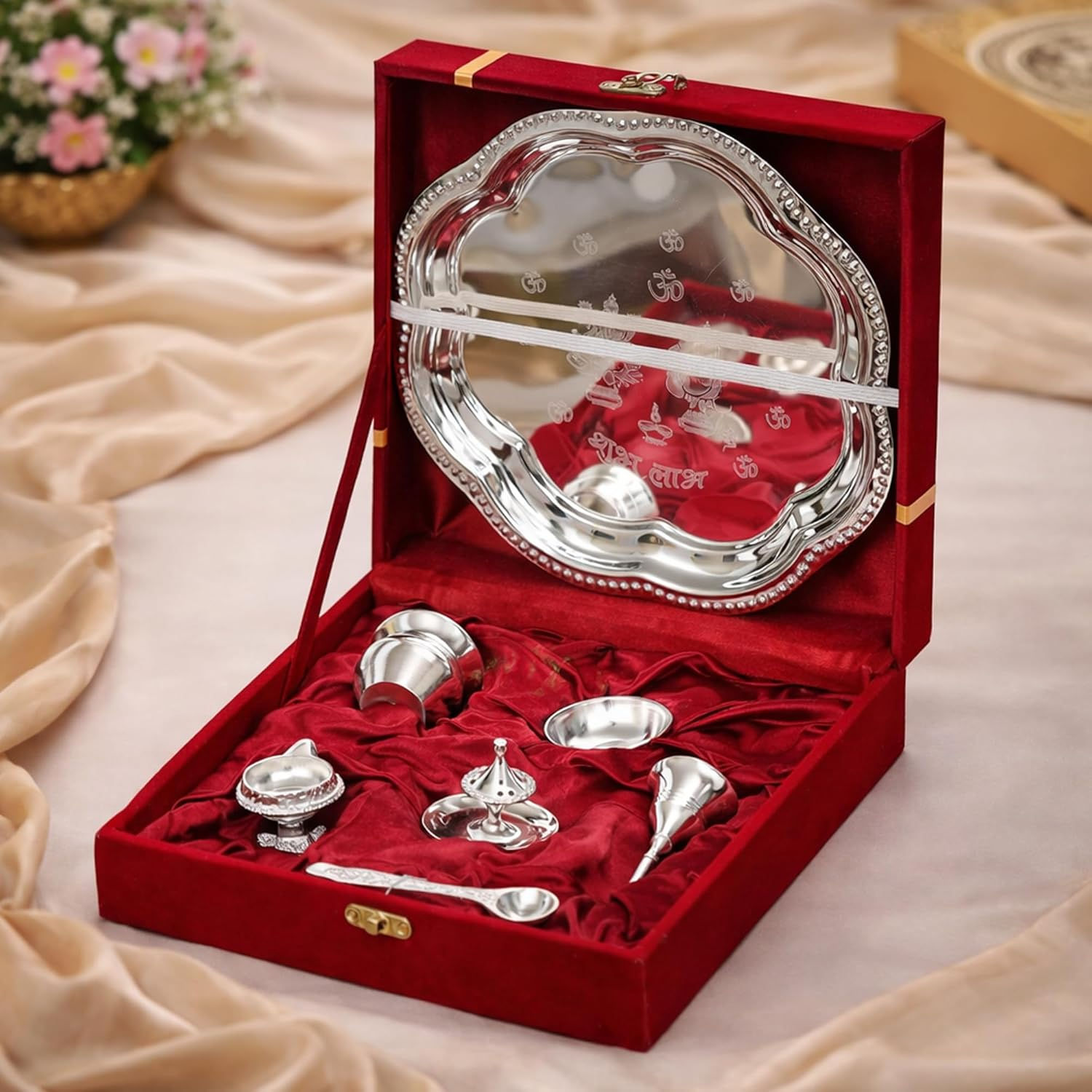 Premium Pooja Thali Set with Red Velvet Gift Box |7 Pieces Pooja Thali Set