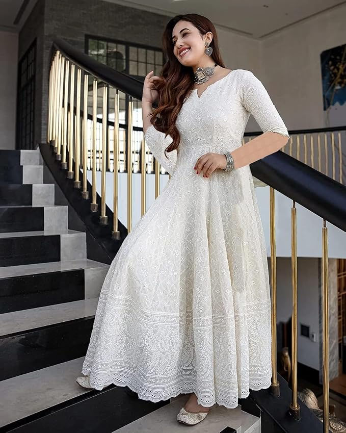 Women's Chikankari Embroidered Ethnic Gown, Ankle Length Flared Dress
