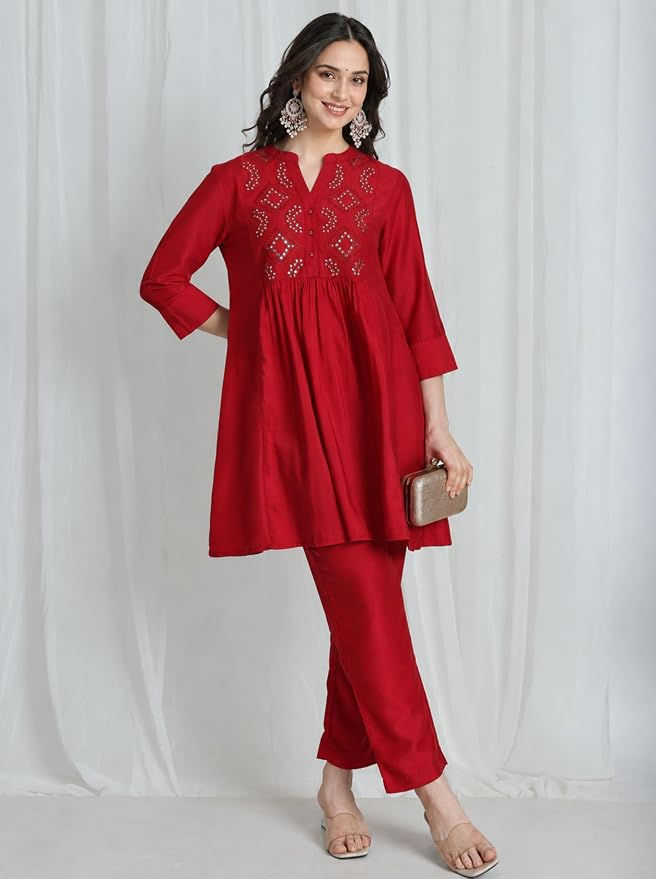 Kaari Women’s Kurti Pant Set with Mirror Work Yoke - V- Neck