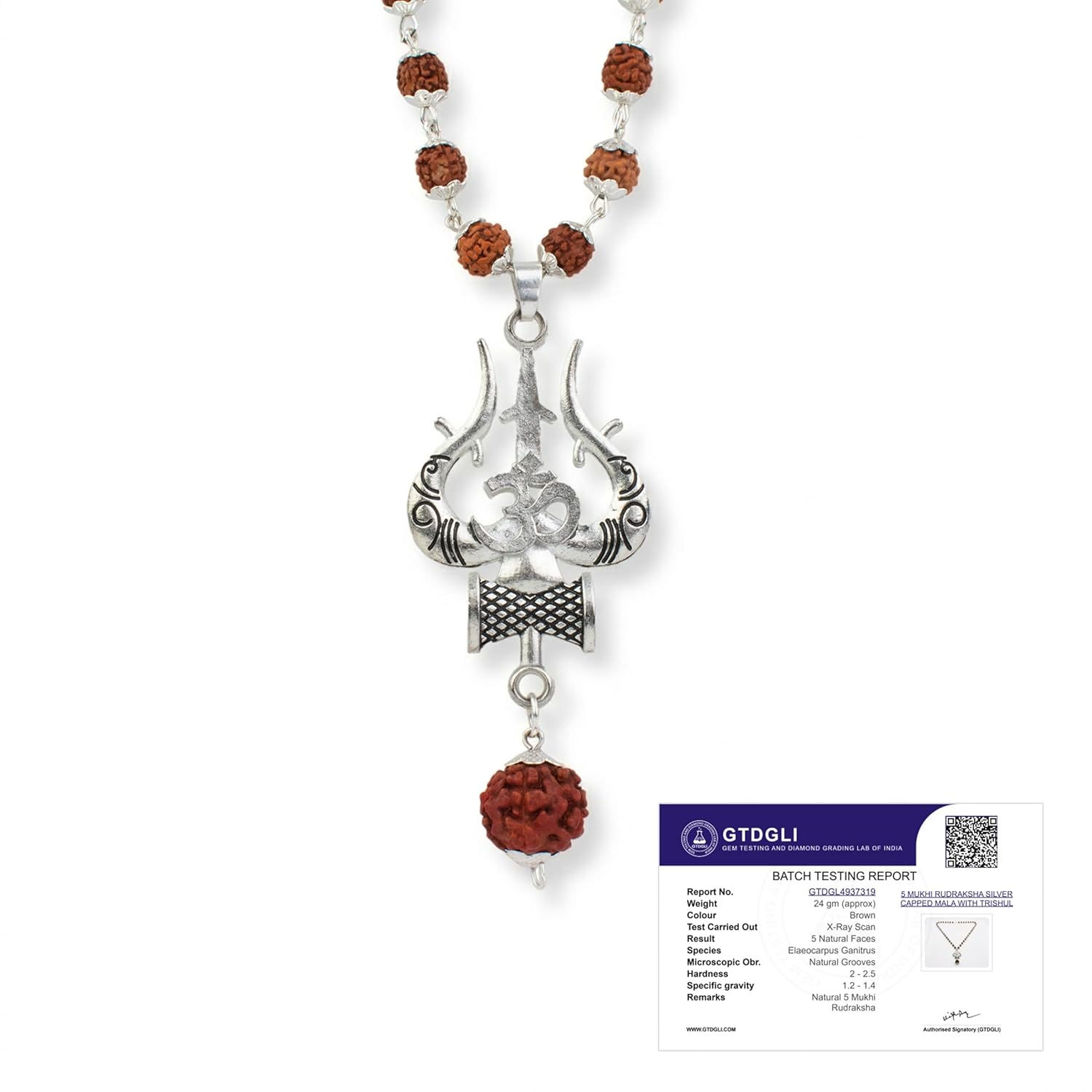 5 Mukhi Rudraksha Mala with Om Shiva Trishul Pendant
