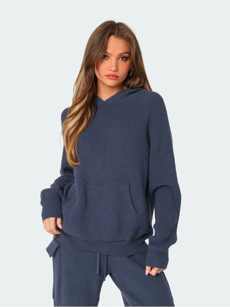 Thumbnail: Women Fashion New Knitted Pocket Straight Pants Two Piece Sets Casual O Neck Hoo