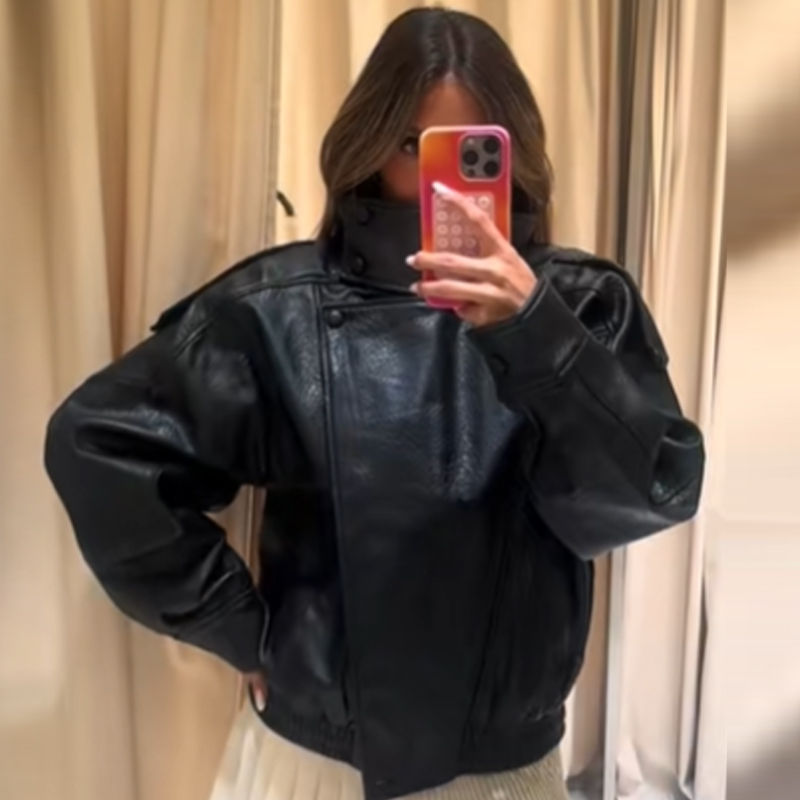 Thumbnail: HXAO Faux Leather Black Jackets For Woman New Arrival Cropped Oversize Bomber Ja