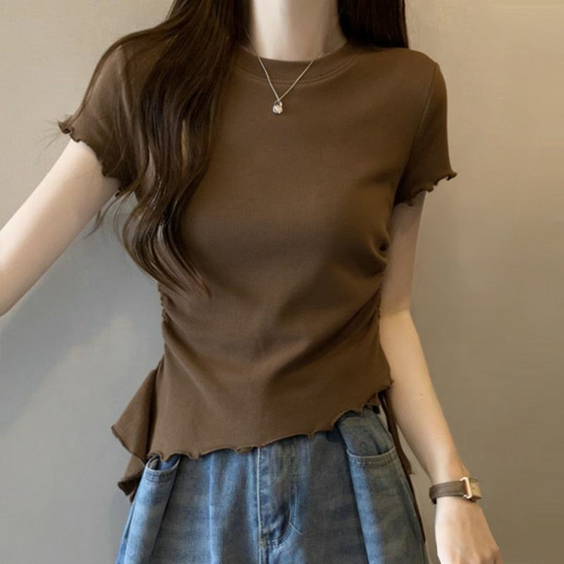 Brown Knit T-Shirt With Ruffled Hem And Short Sleeves For Women Casual Daily Wea