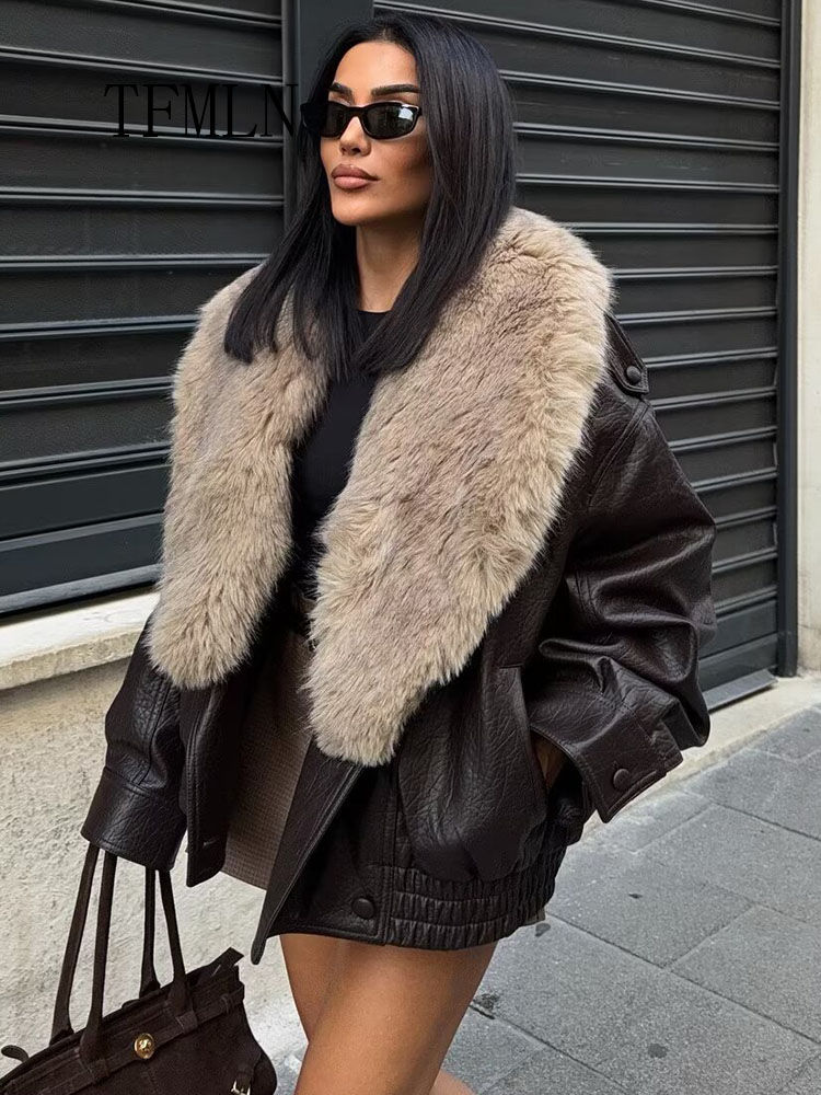 TFMLN 2025 Winter Women Loose Faux Leather Jacket Fashion Removed Big Fur Collar