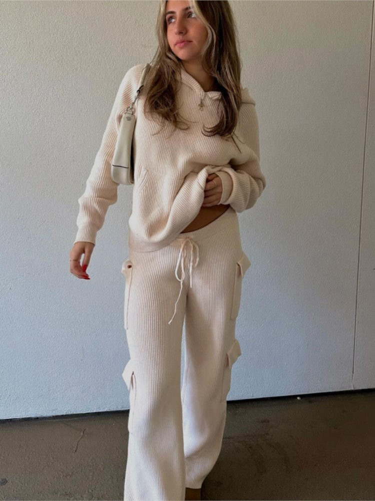 Women Fashion New Knitted Pocket Straight Pants Two Piece Sets Casual O Neck Hoo