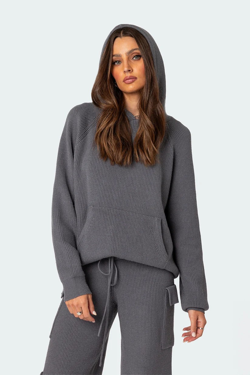 Thumbnail: Women Fashion New Knitted Pocket Straight Pants Two Piece Sets Casual O Neck Hoo