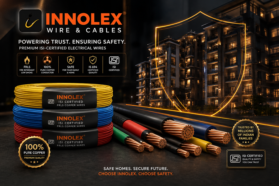 Coiled wires in yellow, blue, and red labeled "INNOLEX ISI Certified." Background: illuminated building. Text: "Choose safety."