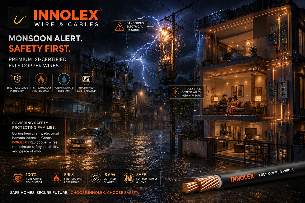 Family inside lit home during storm, with visible lightning and flooded street. Innolex FRLS copper wires highlighted for safety. Branding text.
