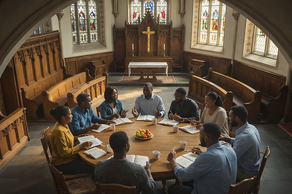 High angle view of a group discussion in a church setting