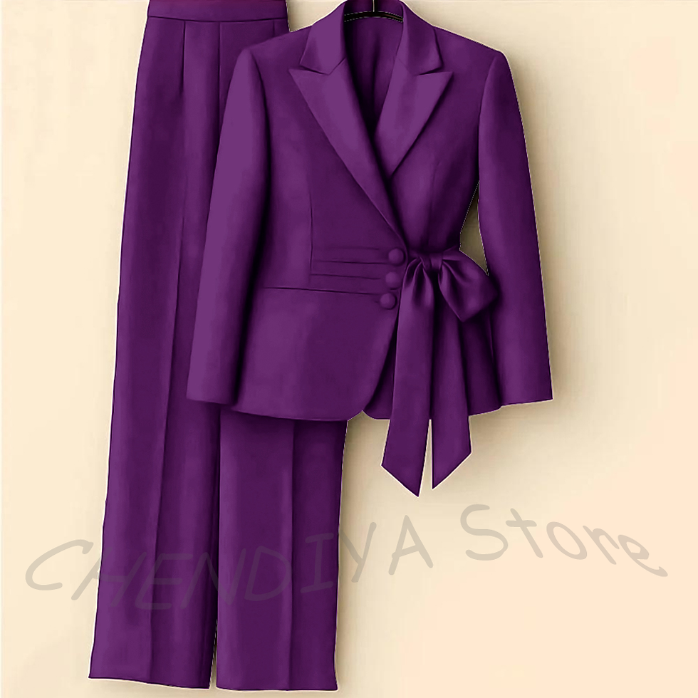 Thumbnail: Modern Fashion Women's Suit Set Two Piece With Bow Peaked Lapel Solid Color High