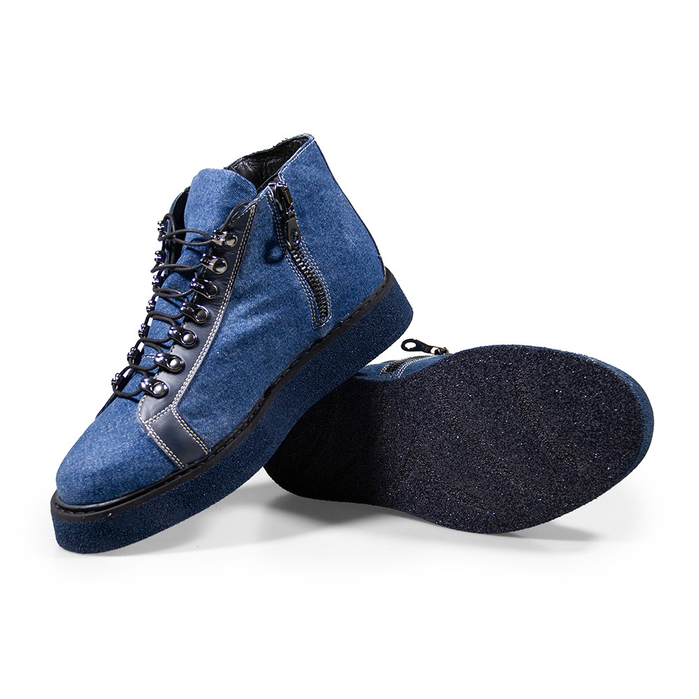 Indigo washed denim high top sneakers with premium leather detailing and dual zippers