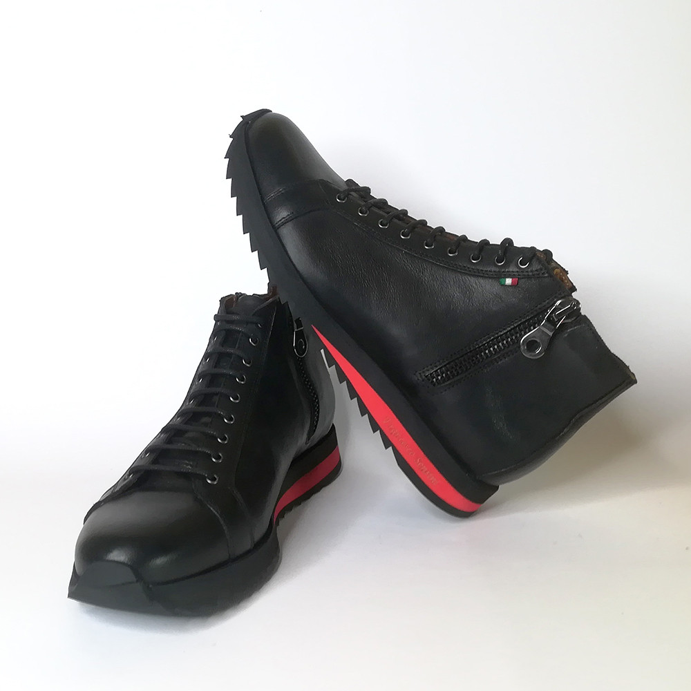 Black Italian calfskin leather high top sneakers with double zip functionality