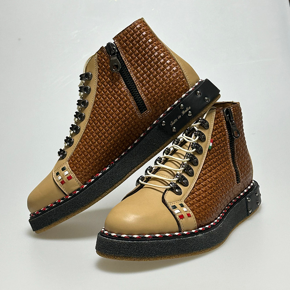 High Top Sneakers 3D Effect Leather Cognac