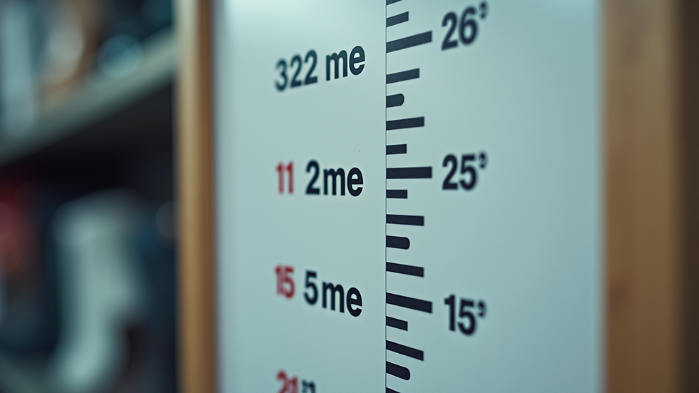 Eye-level view of a shoe size chart with measurements in centimeters and inches