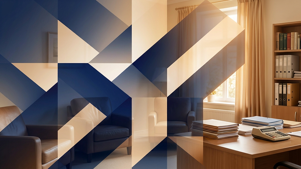 Geometric digital art overlaying a contemporary waiting area with dark armchairs and natural light. The design evokes a modern and professional atmosphere.