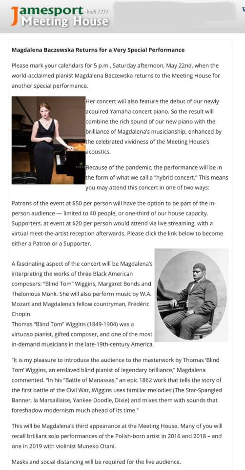 Magdalena Baczewska performs music of Black composers at the historic Jamesport Meeting House
