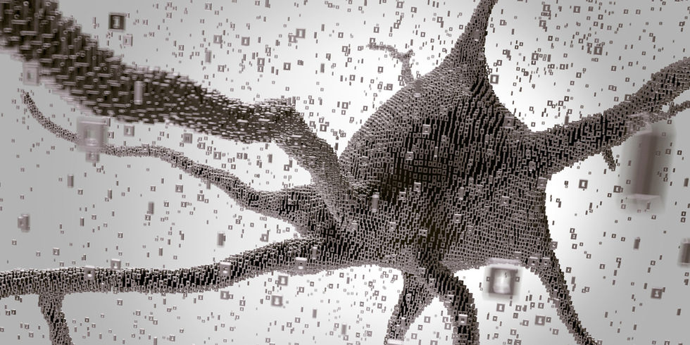 Conceptual 3D neuron built from binary numbers and particles.