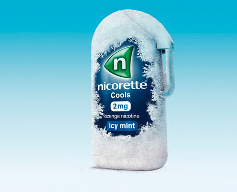 Nicorette icy mint lozenge with frosted ice cube CGI