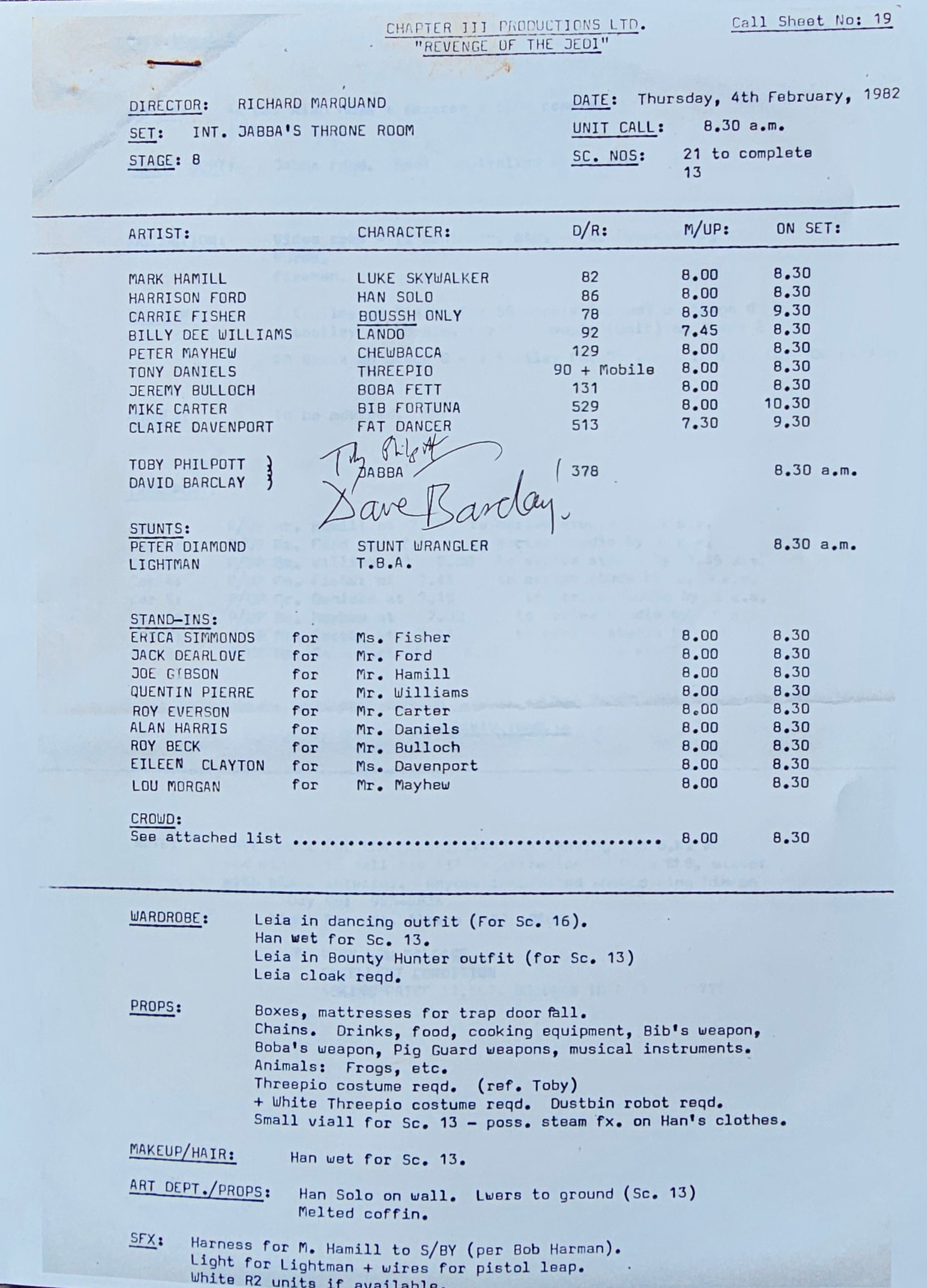 RETURN OF THE JEDISIGNED CALL SHEET! Autographed by Dave Barclay, Toby Philpott