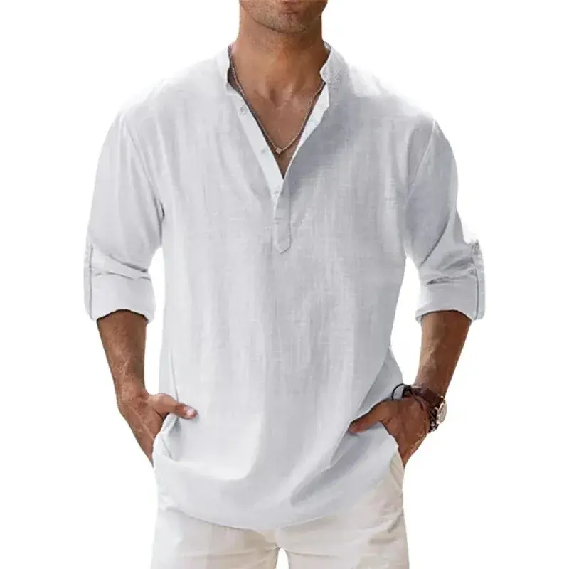 Miniatura: Camisas de linho e algodão Henley para homem, leves, manga longa,