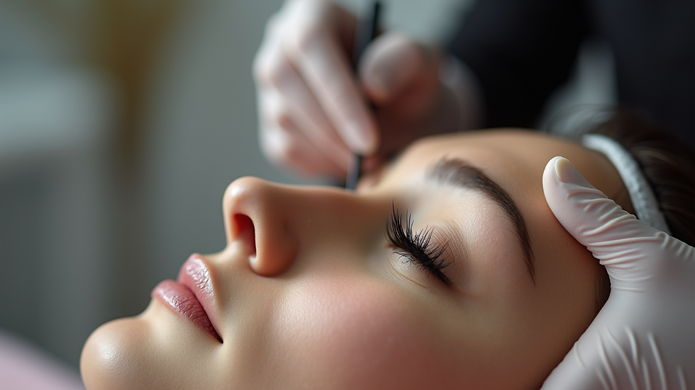 Close-up view of eyelash extensions being applied carefully