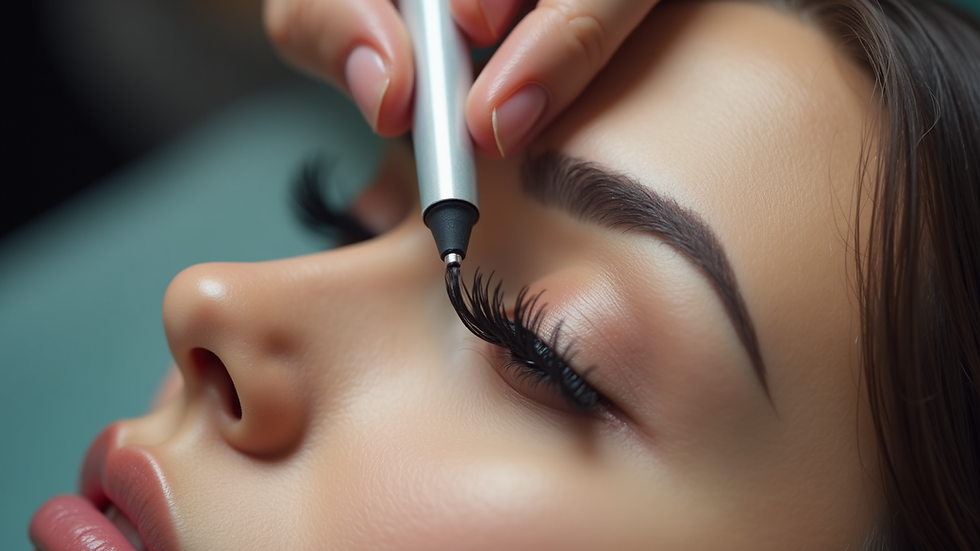 Close-up view of eyelash extensions being applied in a professional setting