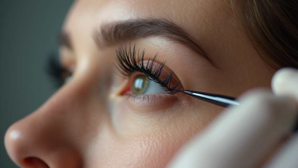 Close-up view of eyelash extensions being applied