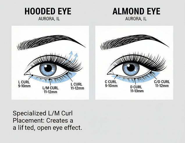 An technical eye-mapping chart showing specialized L, M, C, and D curl extension placement for hooded and almond eye shapes near Aurora, IL.