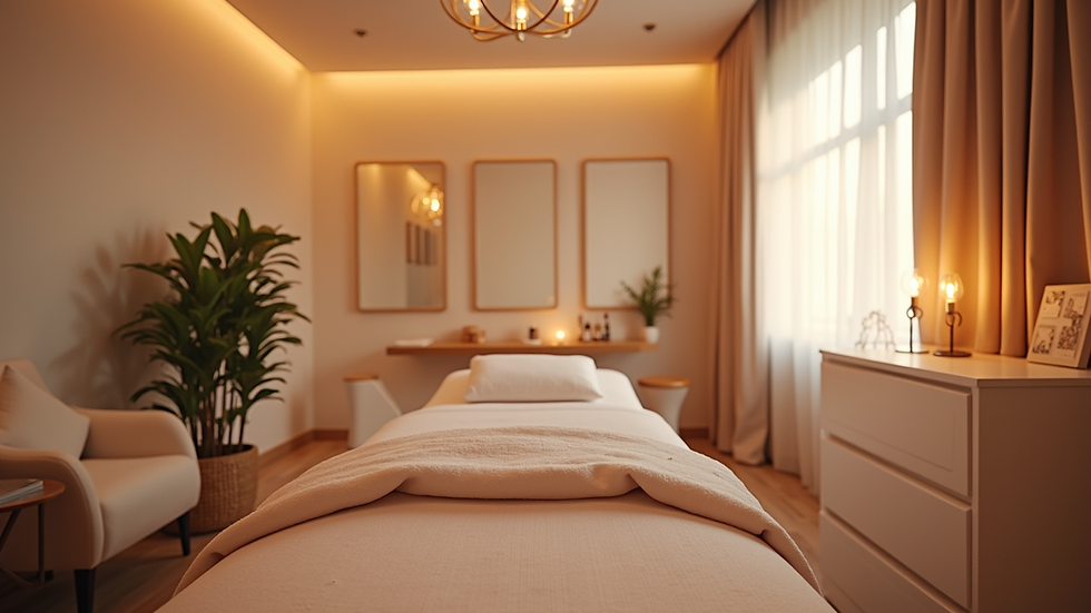 Eye-level view of a cozy lash lounge treatment room with soft lighting